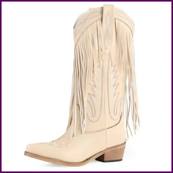 Mid Calf Cowboy Boots Women's Synthetic Leather Chunky Heel Pointed Toe